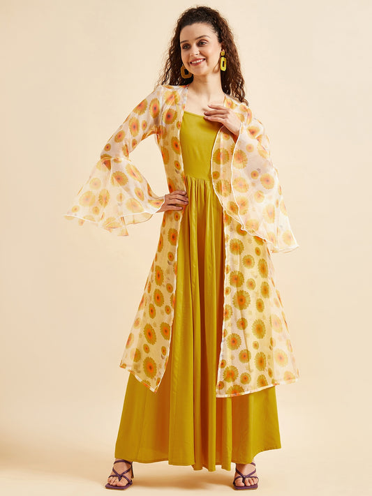 Shoulder Straps Fit & Flare Maxi Ethnic Dress With Printed Shrug