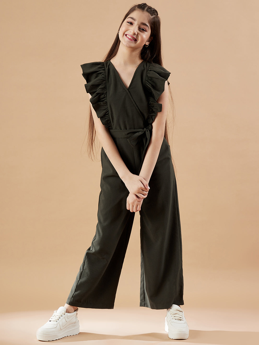Girls Olive Green Basic Jumpsuit
