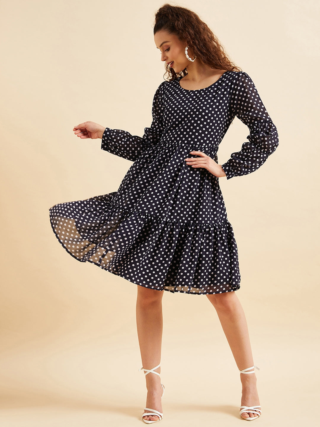 Polka Dots Printed Flounce Georgette Fit Flared Dress