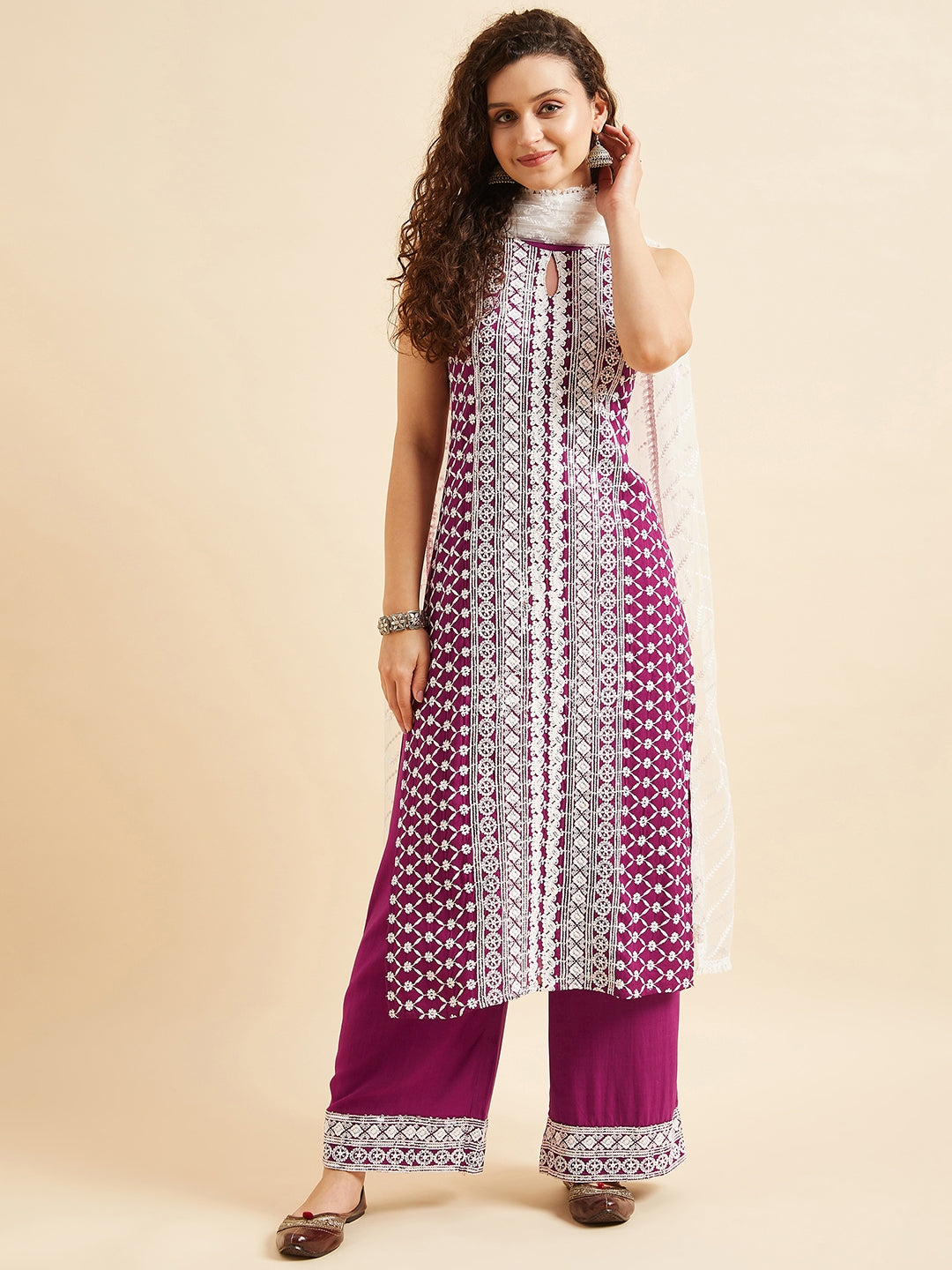 Purple Ethnic Motifs Embroidered Thread Work Regular Kurta with Palazzos & Dupatta