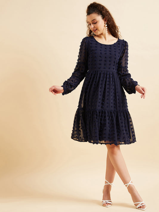 Women Puffed Sleeves Self Design Tiered Fit  Flare Georgette Dress