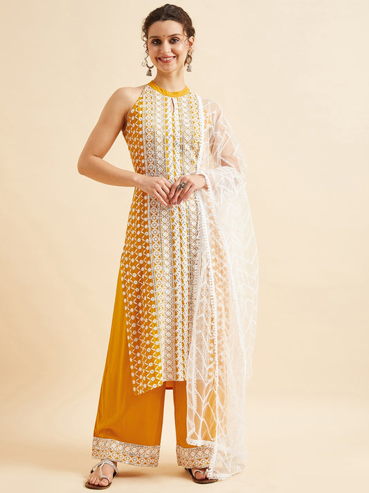 Yellow Ethnic Motifs Embroidered Thread Work Regular Kurta with Palazzos & Dupatta