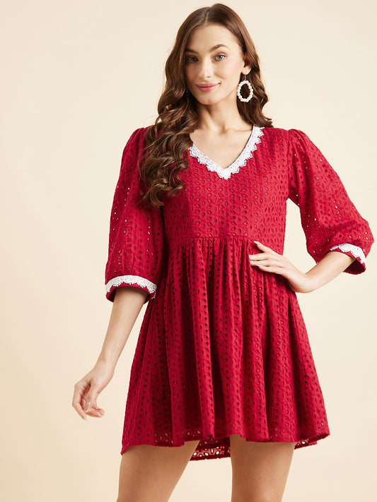 Women Maroon V-Neck Fit & Flare Mini Dress