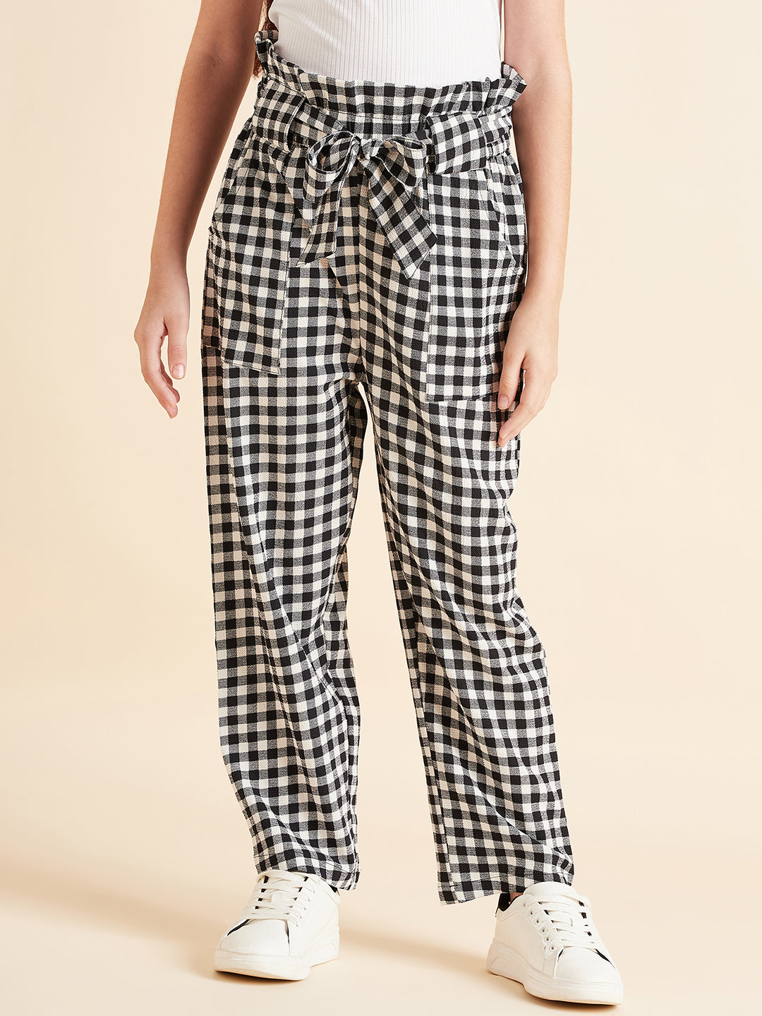 Girls Checked Relaxed High-Rise Trousers