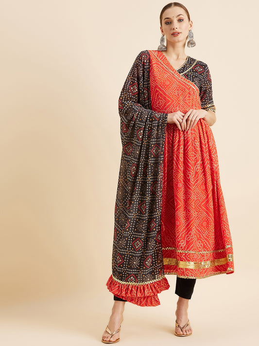 Bandhani Printed Angrakha Gotta Patti Kurta With Trousers & Dupatta