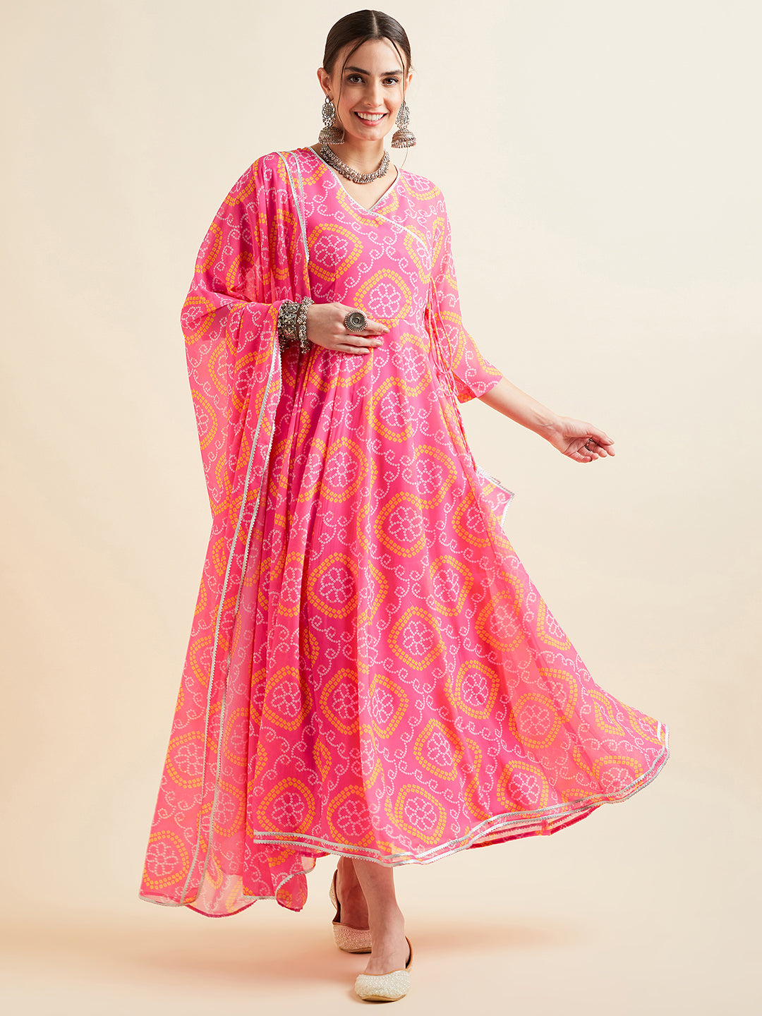 Pink Printed Georgette Angrakha Ethnic Dress With Dupatta