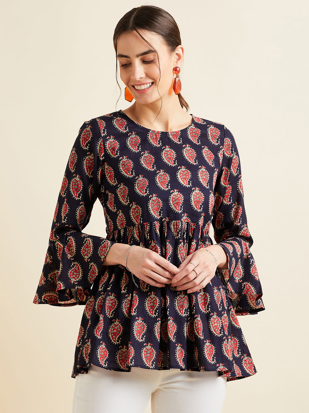 Paisley Printed Bell Sleeves Pleated A-Line Kurti