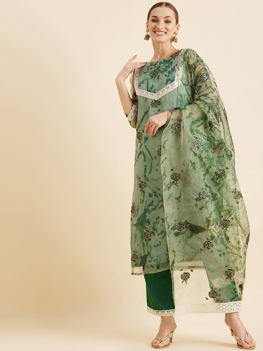 Floral Embroidered Kurta With Trousers & Dupatta