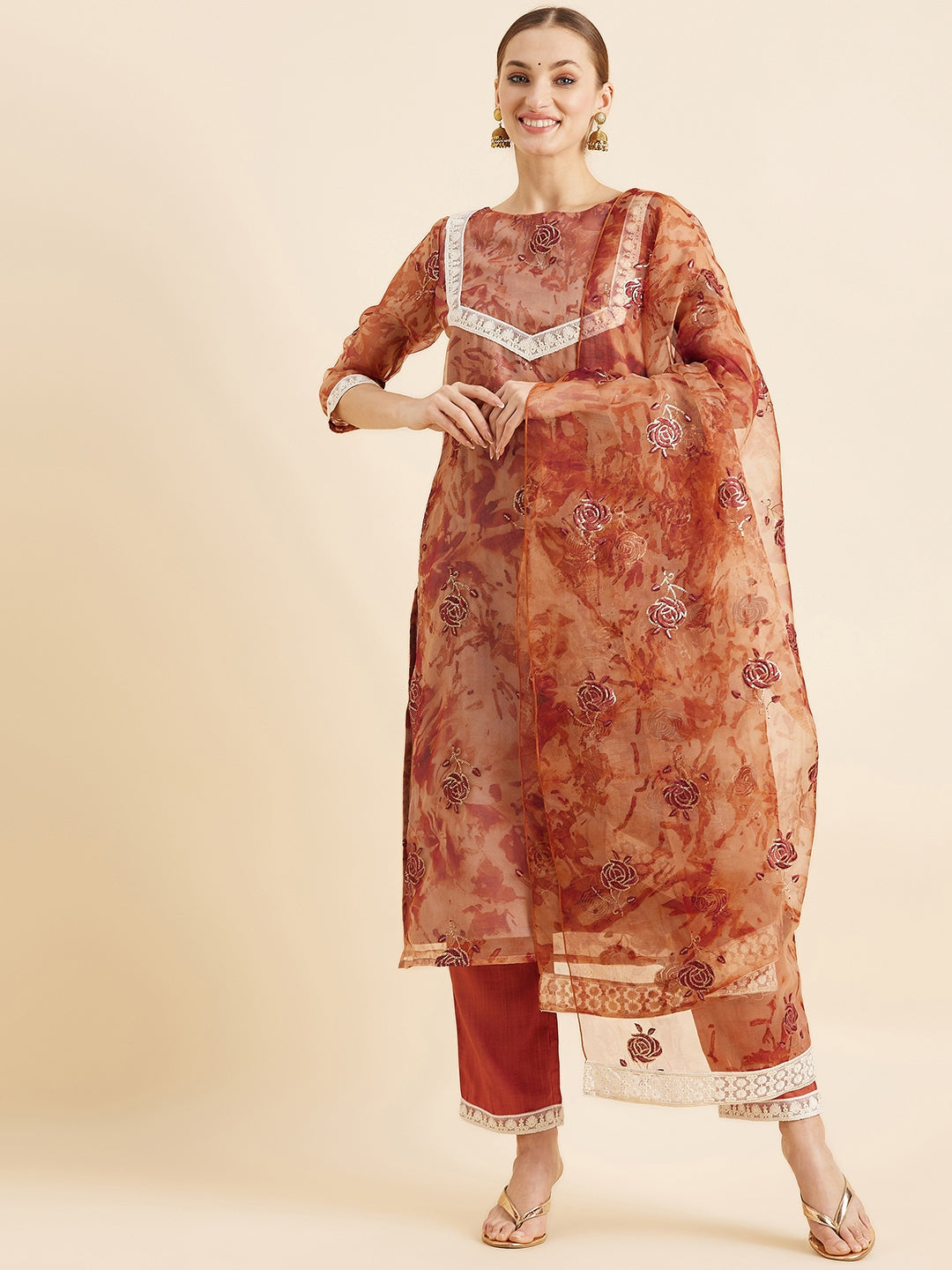 Floral Embroidered Kurta With Trousers & Dupatta