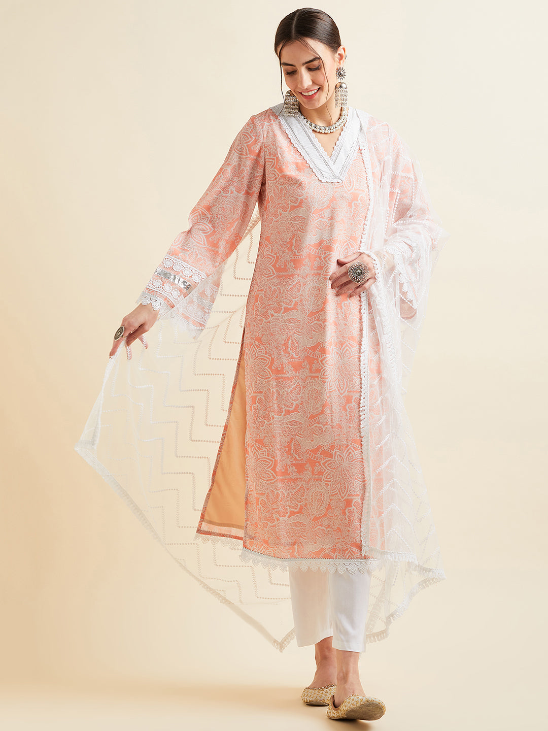 Pink Floral Printed Regular Patchwork Kurta with Trousers & With Dupatta