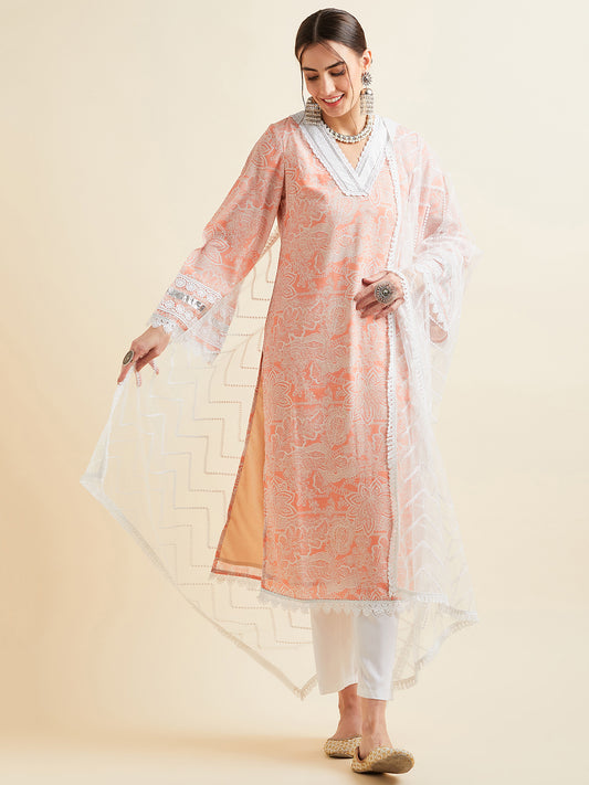 Pink Floral Printed Regular Patchwork Kurta with Trousers & With Dupatta