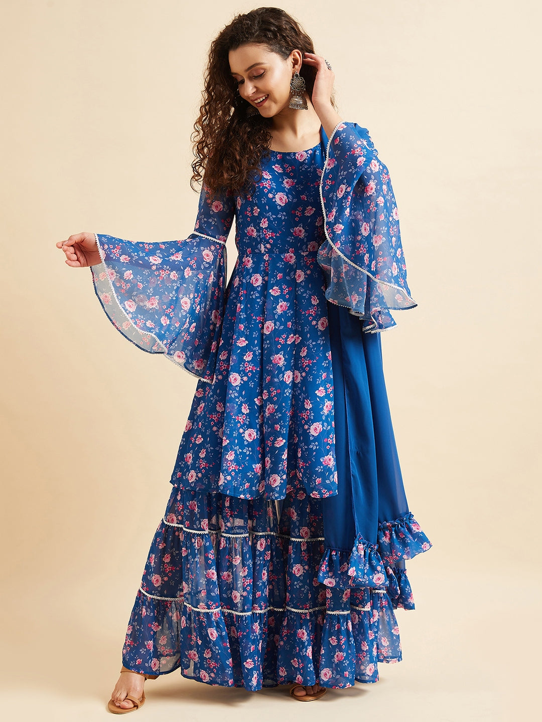 Blue & Pink Floral Printed Gotta Patti Kurta with Sharara & Dupatta