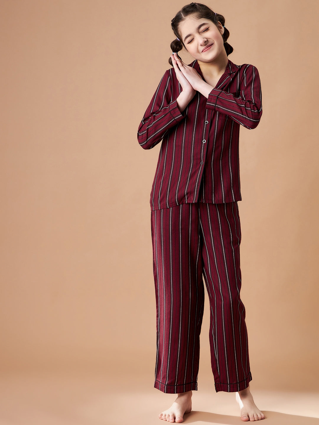 Girls Maroon Striped Cotton Night Suit Set
