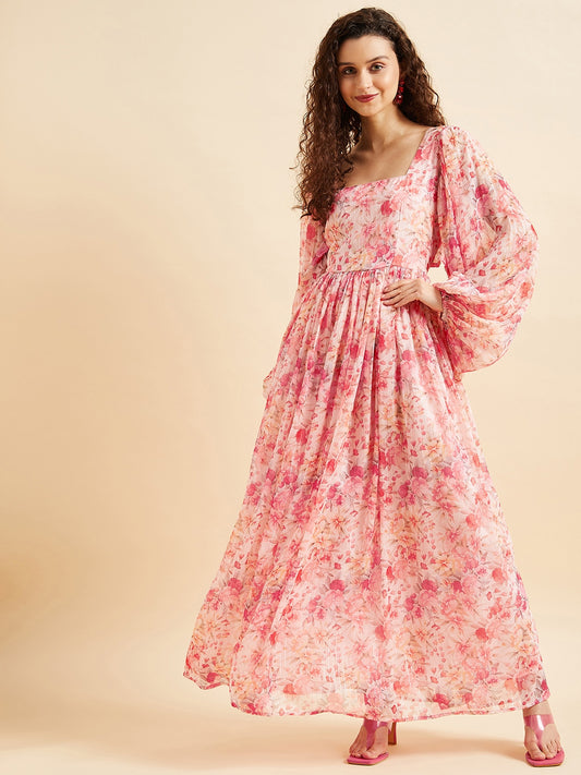 Peach-Coloured & Pink Floral Printed Georgette Fit & Flare Maxi Ethnic Dress