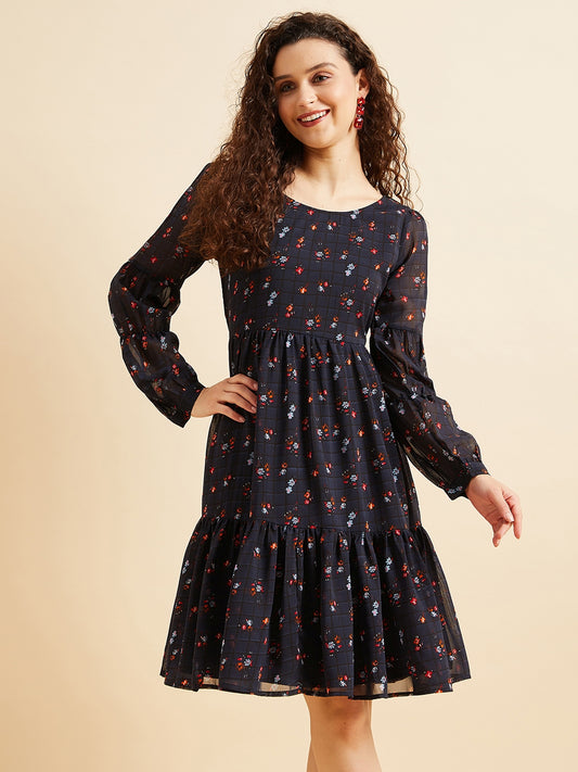 Puffed Sleeves Floral Printed Tiered Fit & Flare Georgette Dress