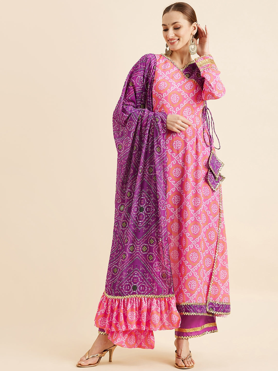 Bandhani Printed Angrakha Gotta Patti Kurta With Trousers Dupatta