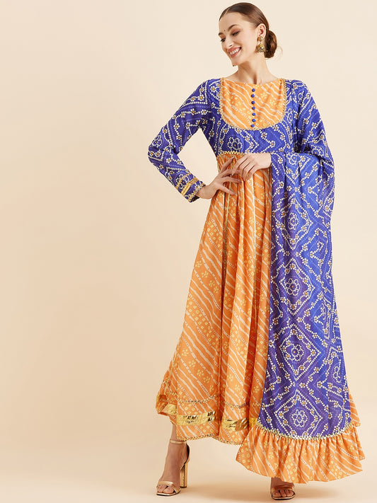 Yellow & Blue Bandhani Printed Kurta With Dupatta