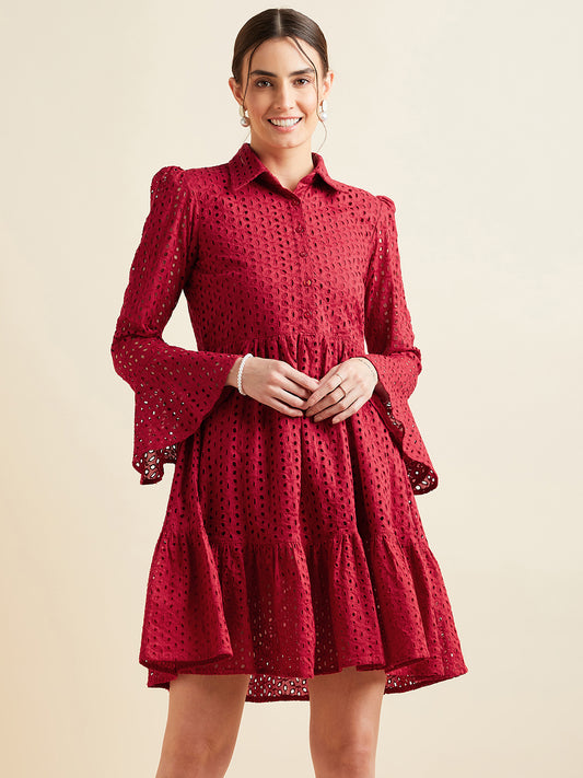 Women Maroon Shirt Collar Bell Sleeve Ruffled Schiffli Cotton A-line Dress