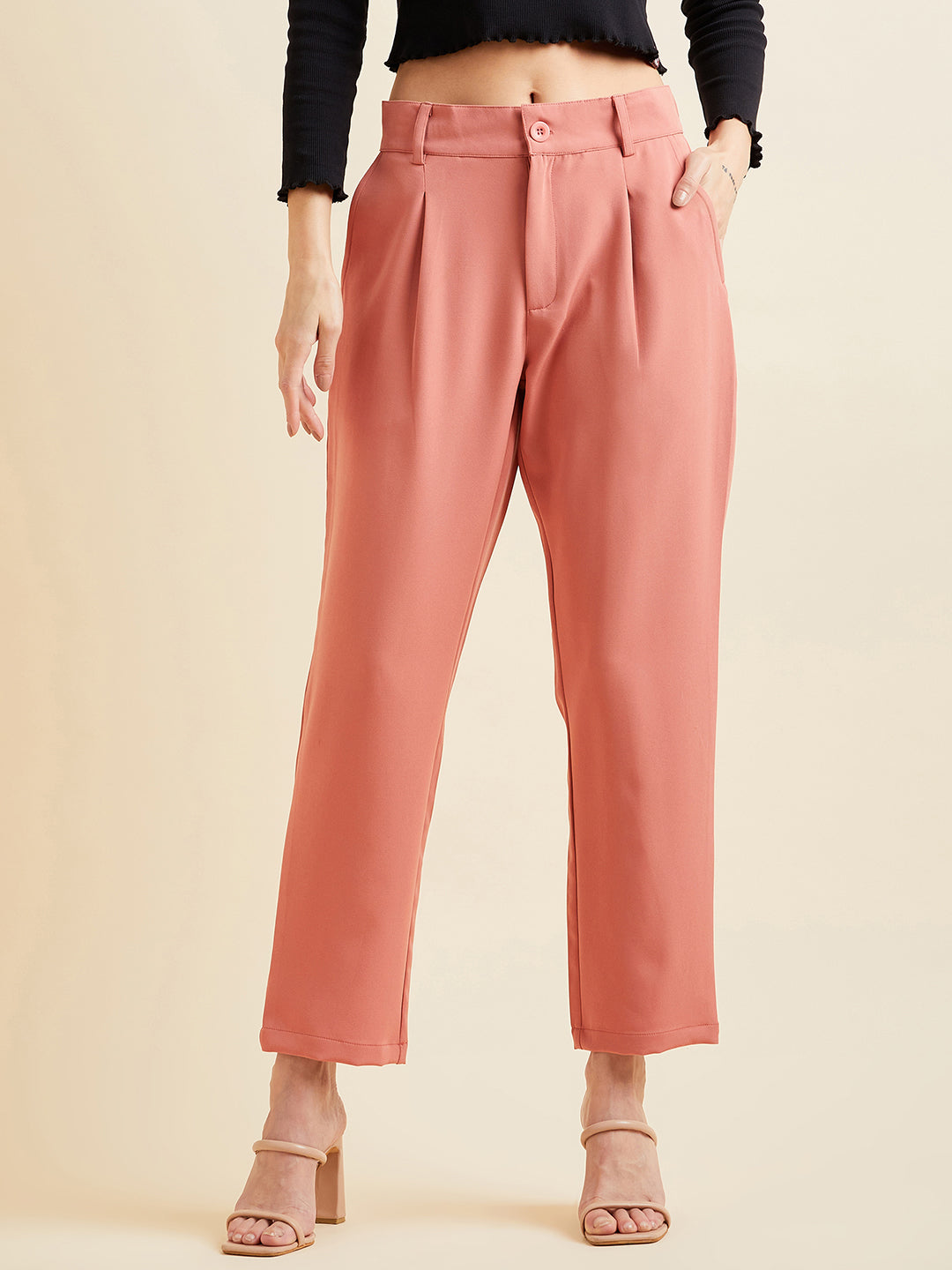Rust Relaxed Straight Fit High-Rise Pleated Formal Trousers
