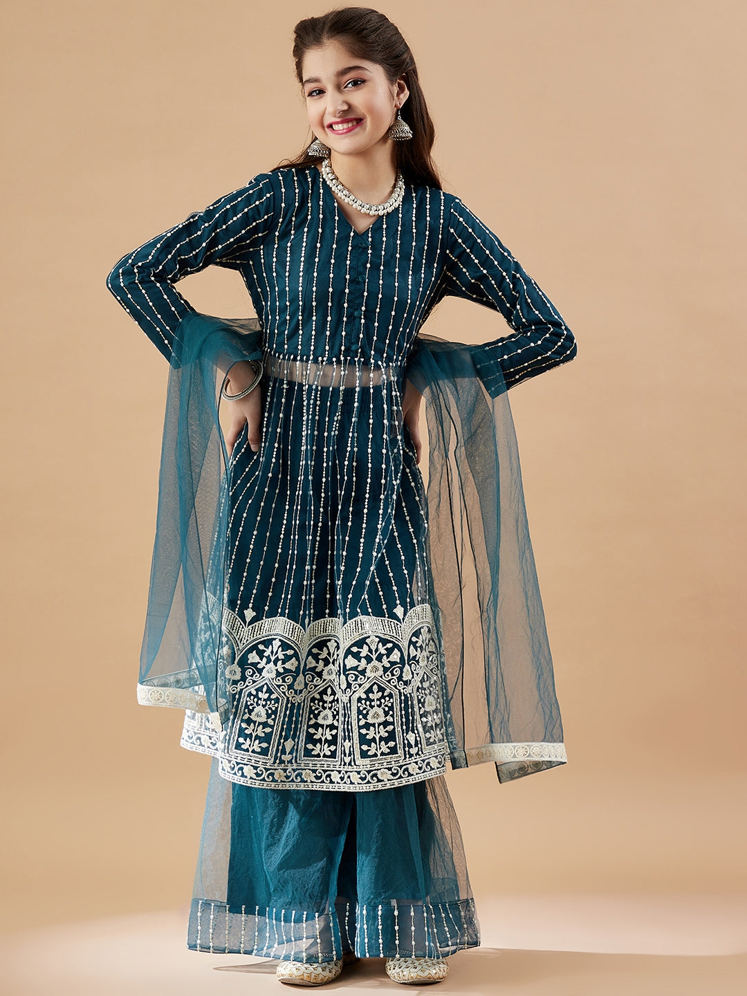 Girls Striped Embroidered Mesh Empire Sequinned Kurta & Sharara & Dupatta