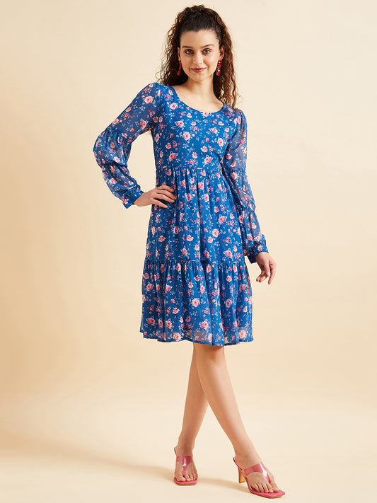 Puffed Sleeves Floral Printed Tiered Fit & Flare Georgette Dress