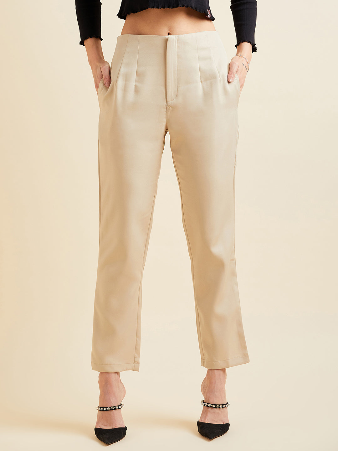 Beige Smart High-Rise Pleated Peg Trousers