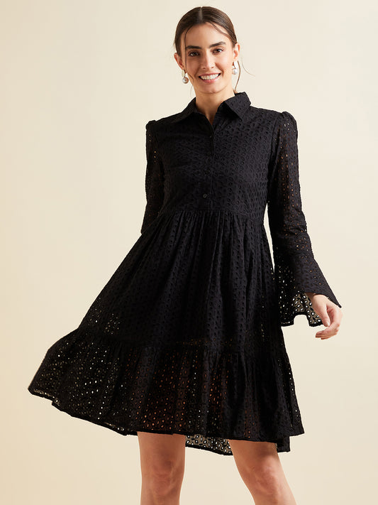 Women Black Shirt Collar Bell Sleeve Ruffled Schiffli Cotton A-line Dress