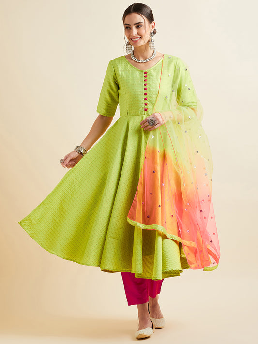 Women Neon Green Pleated Golden Thread Work Kurta Set With Trouser And Dupatta