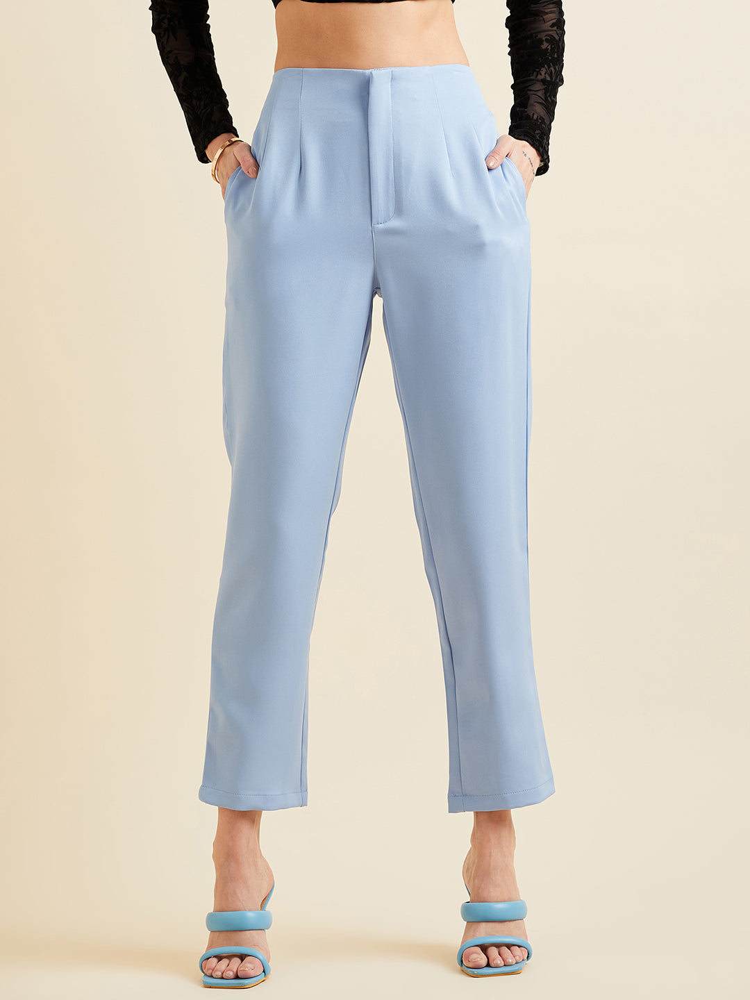 Smart Straight Fit High-Rise Wrinkle Free Pleated Cigarette Trousers