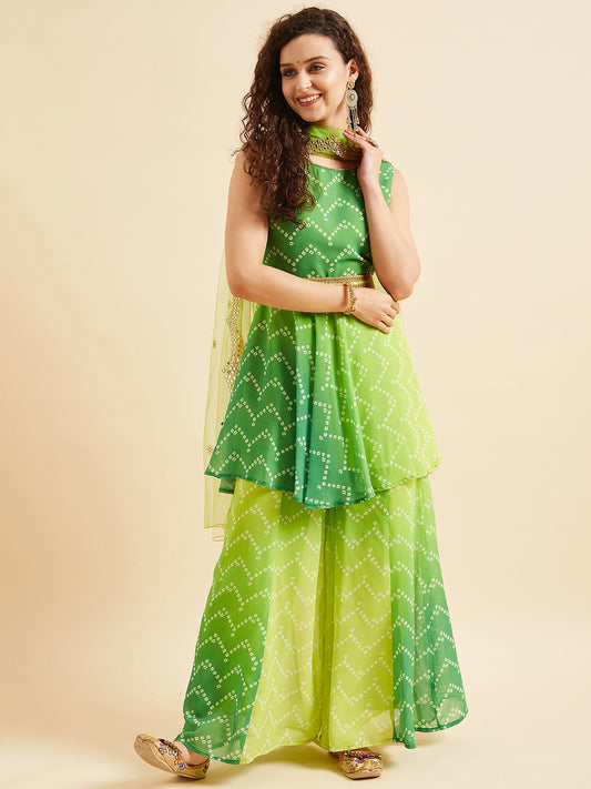 PANIT Green Bandhani Printed Zardozi Kurta with Sharara & With Dupatta