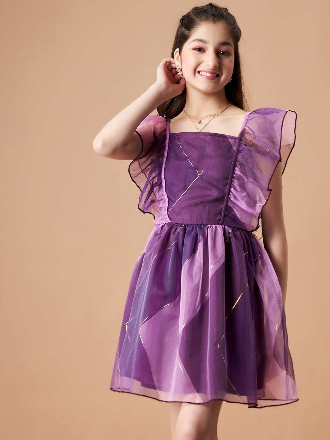 Girls Striped Flutter Sleeves Ruffled Organza Fit & Flare Dress