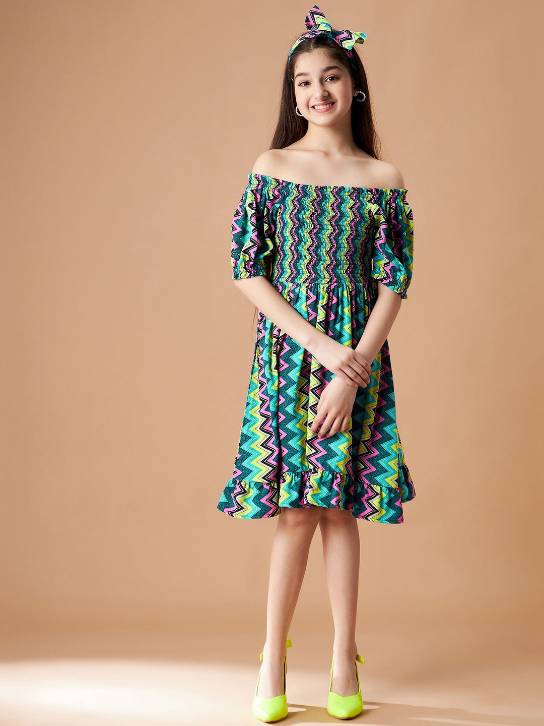 Chevron Printed Off-Shoulder Crepe A-Line Dress