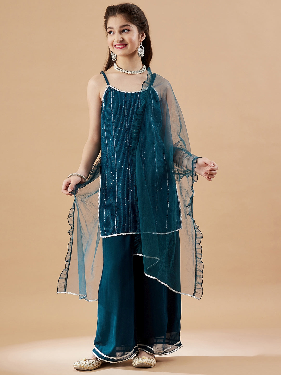 Girls Embroidered Sequinned Kurta with Palazzos & With Dupatta