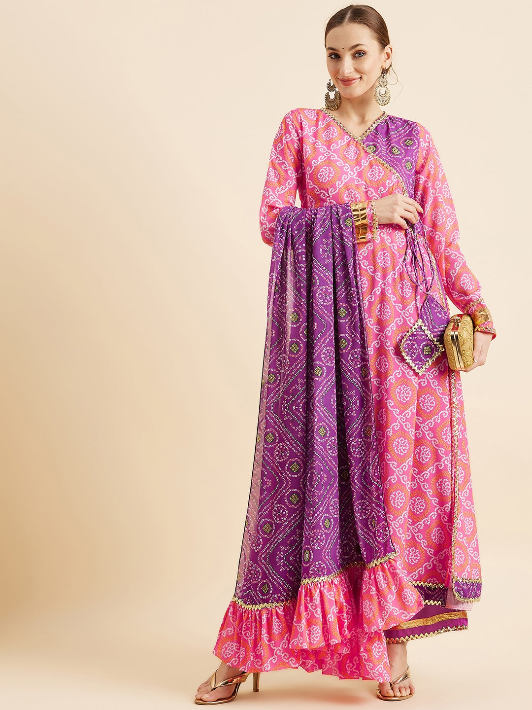 Bandhani Printed Angrakha Gotta Patti Kurta With Trousers Dupatta