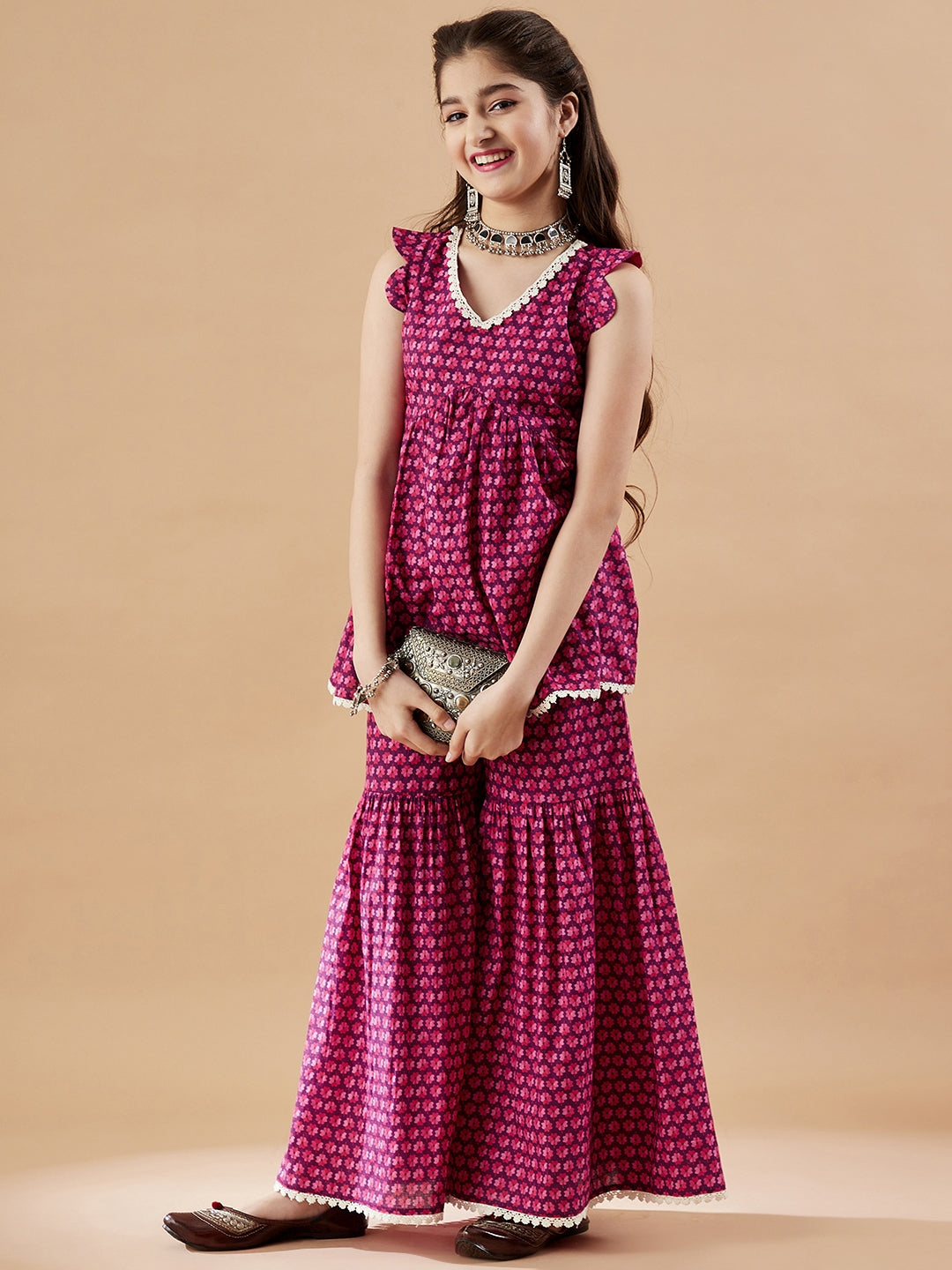 Girls Floral Printed Kurti With Sharara