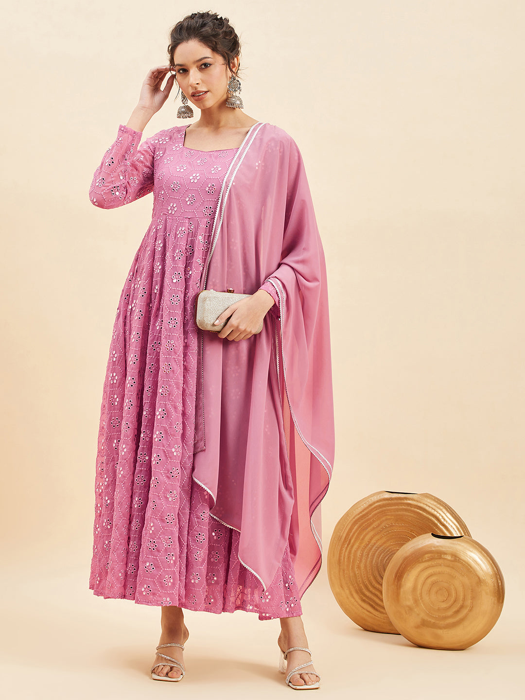 Mirror Embroidered Flared Ethnic Dresses With Dupatta
