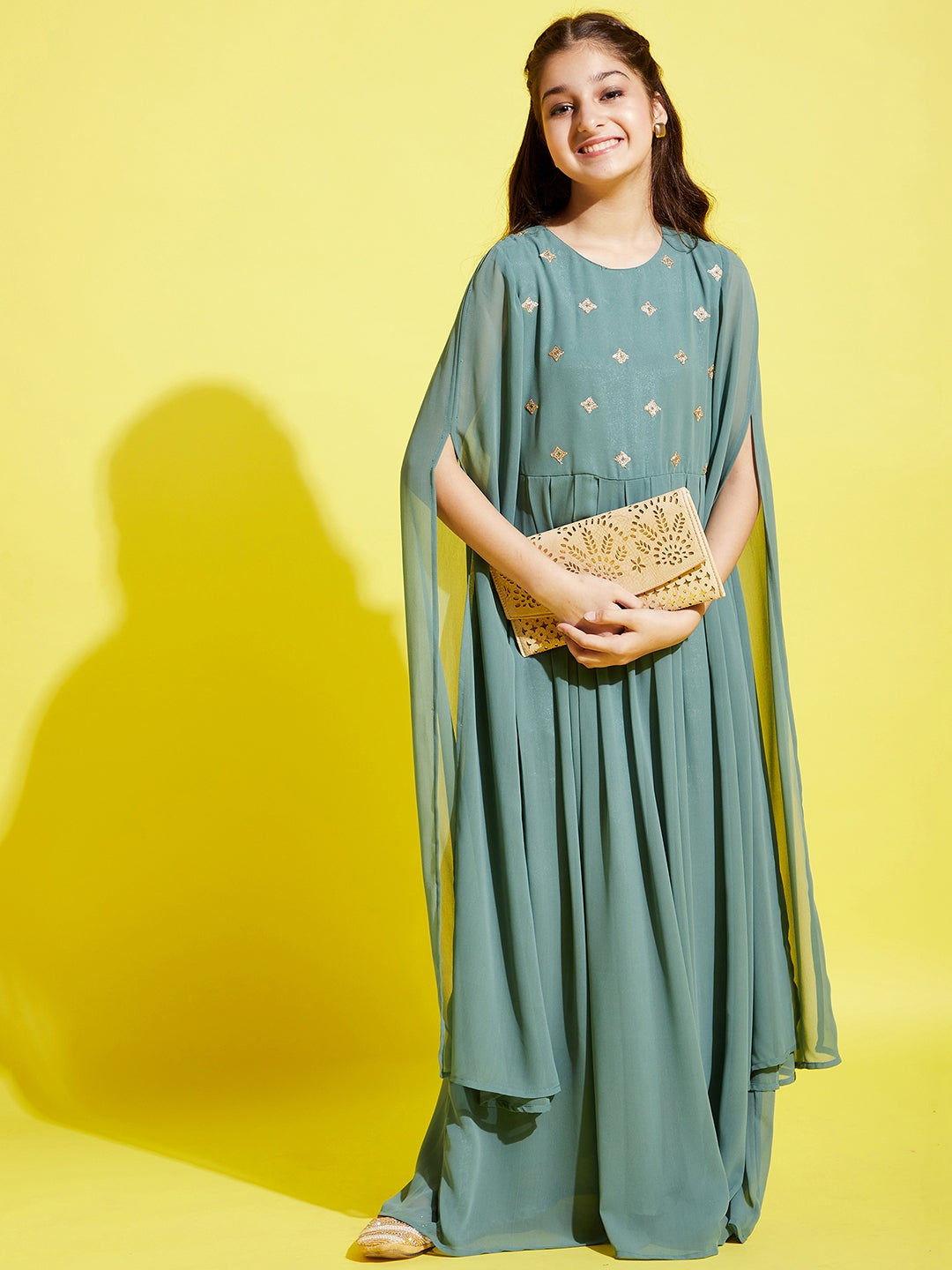 Girls Sea Green Georgette Maxi Dress