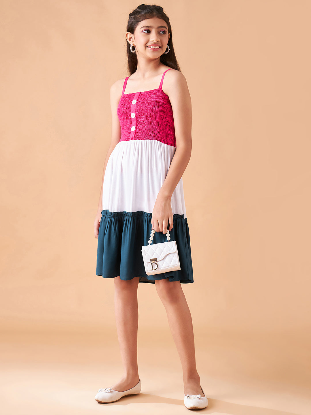 Girls Colourblocked Smocked Detailed Fit & Flare Dress