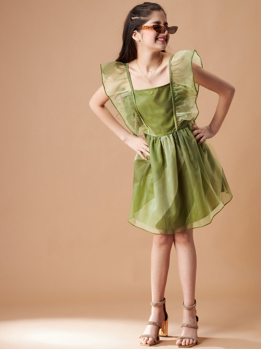 Girls Flutter Sleeve Ruffled Fit & Flare Dress