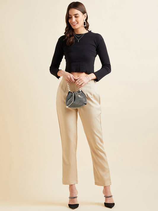 Beige Smart High-Rise Pleated Peg Trousers