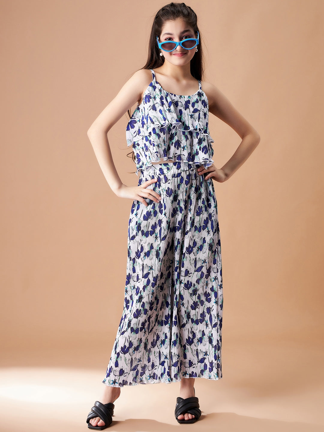Girls Blue Floral Printed Top with Trousers