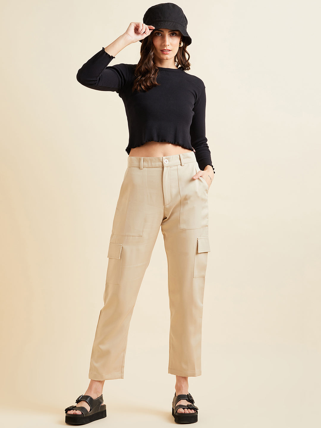 Beige Smart Slim Fit Wrinkle Free Cargo Trousers
