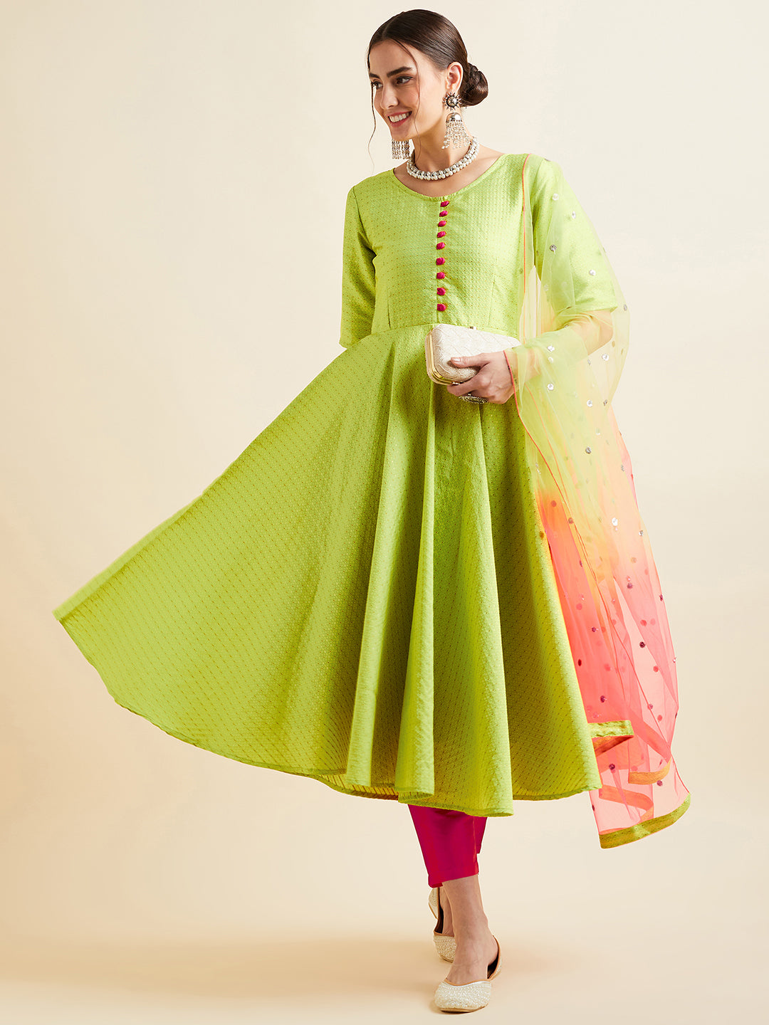Women Neon Green Pleated Golden Thread Work Kurta Set With Trouser And Dupatta
