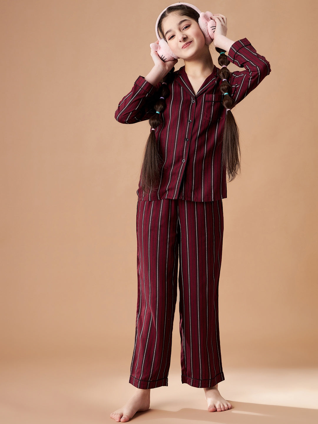 Girls Maroon Striped Cotton Night Suit Set