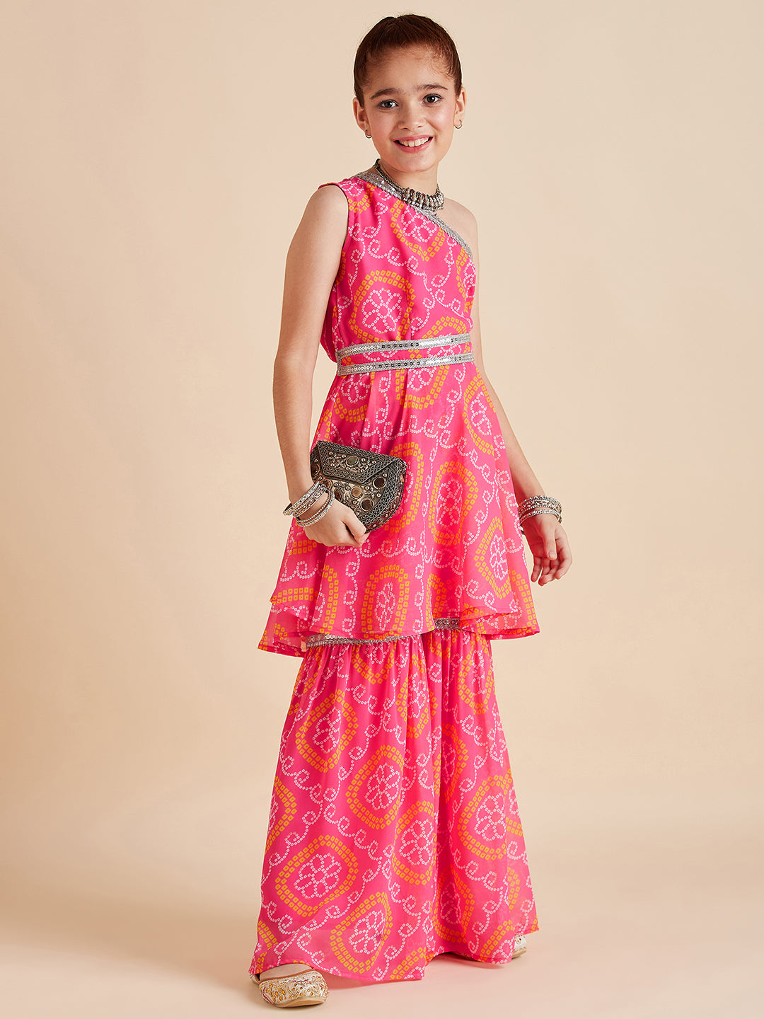 Girls Pink Bandhani Printed Empire Gotta Patti Kurta with Sharara