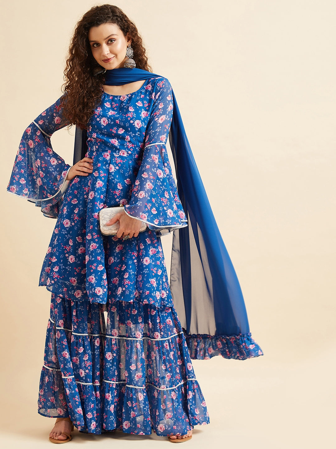 Blue & Pink Floral Printed Gotta Patti Kurta with Sharara & Dupatta