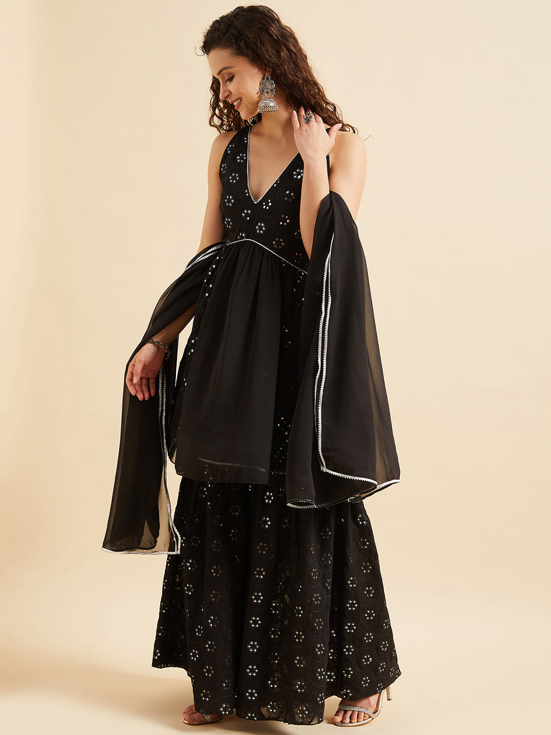 Black Embellished Mirror Work Kurta With Sharara & Dupatta