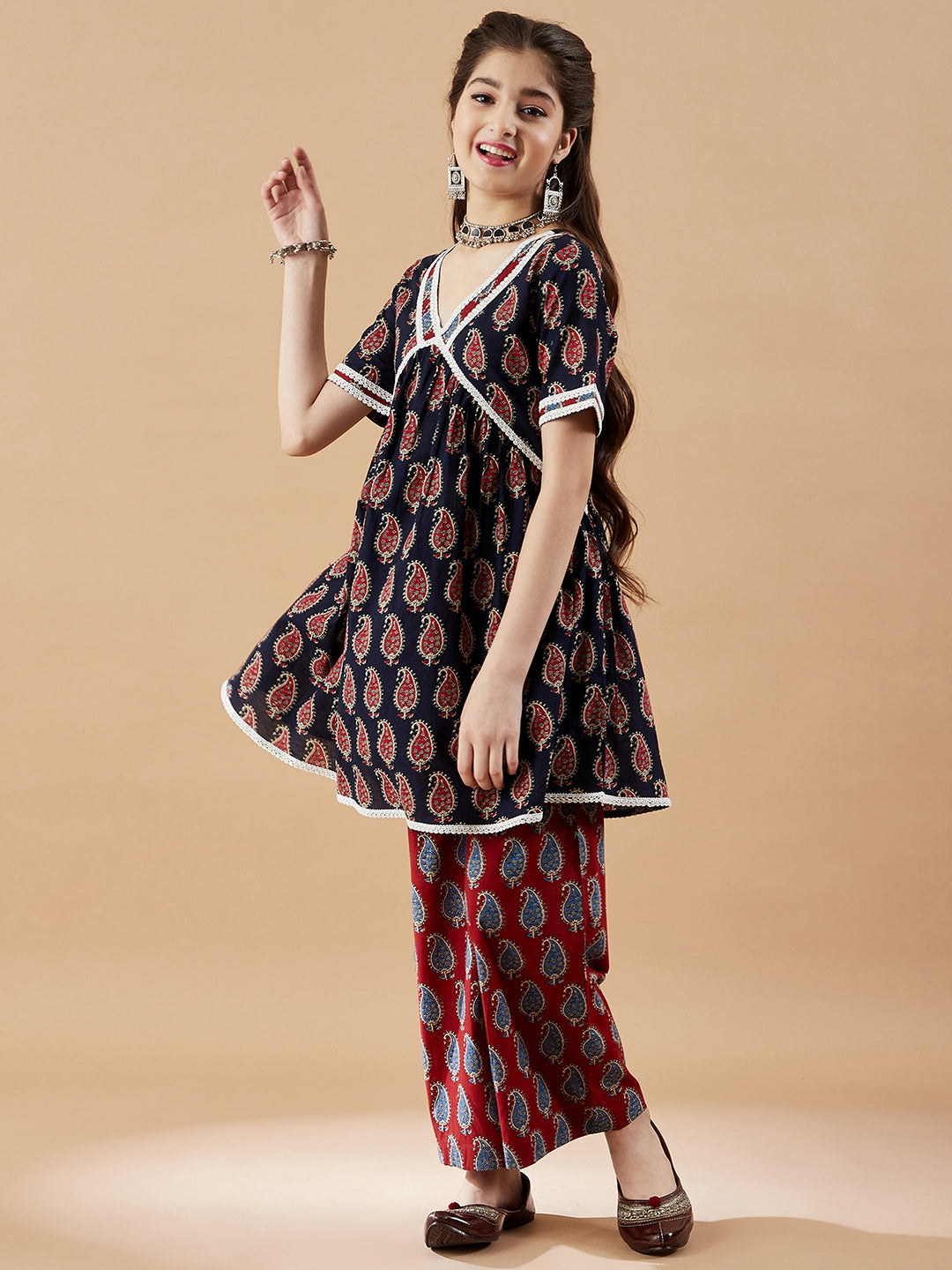 Girls Paisley Printed Pleated Kurta with Trousers