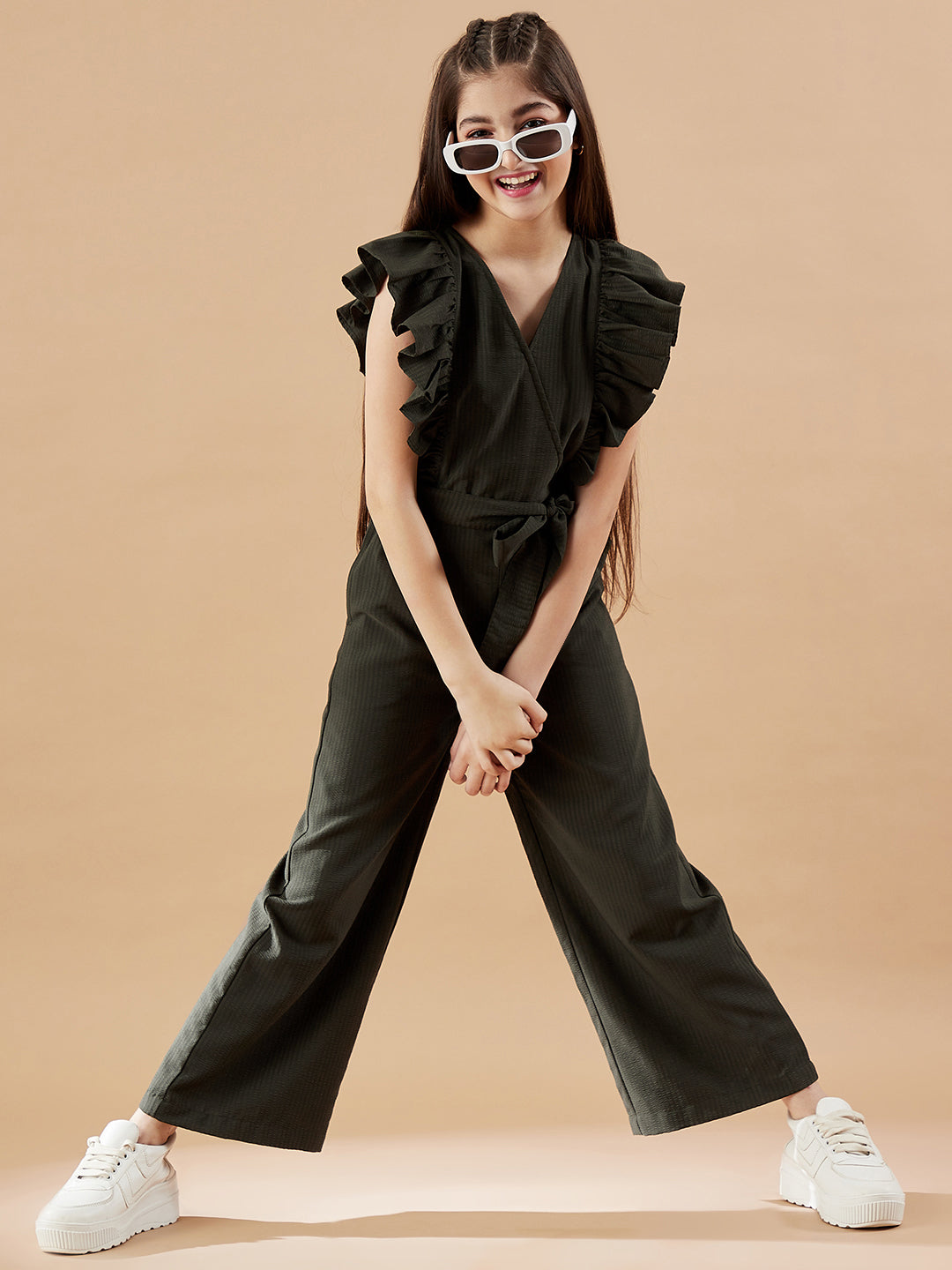 Girls Olive Green Basic Jumpsuit