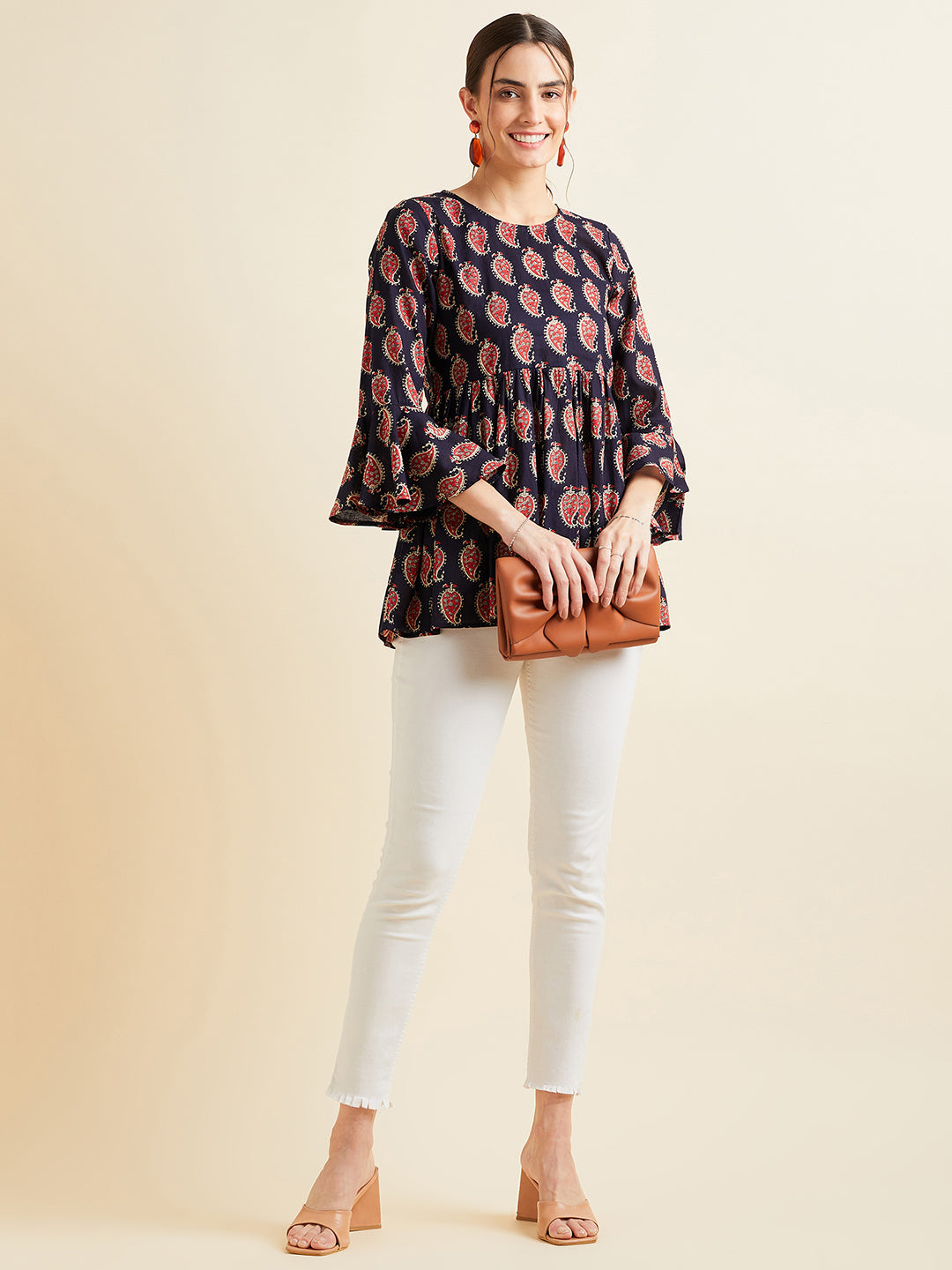 Paisley Printed Bell Sleeves Pleated A-Line Kurti